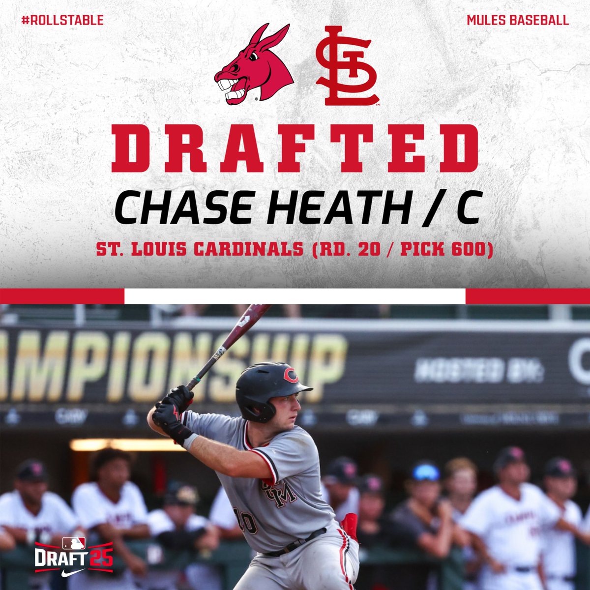 Mules_Baseball's tweet image. DRAFTED‼️
Chase Heath has been selected in the 20th round of the 2025 #MLBDraft by the @Cardinals!
He is the 40th player to be drafted in program history.
Congratulations, Chase!
#teamUCM x #RollStable