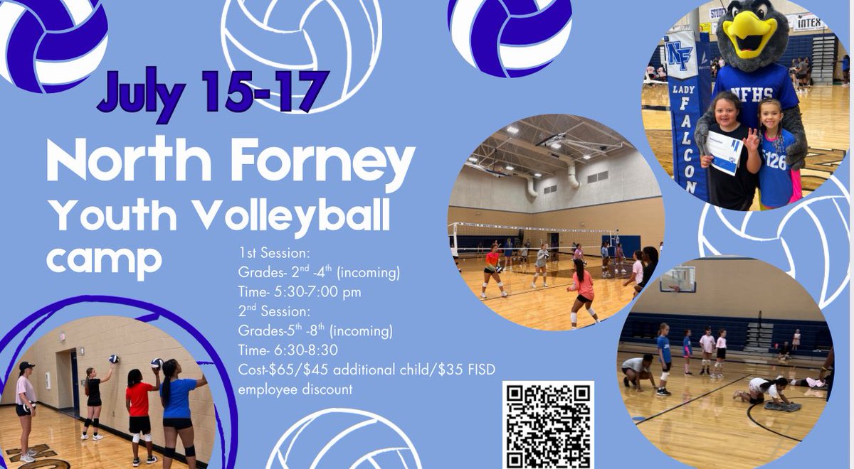 Lady Falcon Volleyball (@nfvolleyball126) on Twitter photo We have alot of volleyball happening next week and we canโt wait to see you! Here is our schedule for skills training and our youth camp! If you are still interested in signing up please use our QR code. We will be on the main campus in the Aux Gyms! <a href="/ForneyAthletics/">ForneyISDAthletics</a> We have alot of volleyball happening next week and we canโt wait to see you! Here is our schedule for skills training and our youth camp! If you are still interested in signing up please use our QR code. We will be on the main campus in the Aux Gyms! <a href="/ForneyAthletics/">ForneyISDAthletics</a>