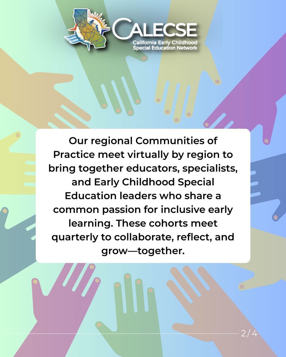 Cal_ECSE's tweet image. Our Communities of Practice meet virtually by region to bring together professionals passionate about inclusive early learning. These cohorts meet quarterly to collaborate, reflect &amp;amp; grow. Email info@calecse.org to join your region’s listserv; include the county you work in!