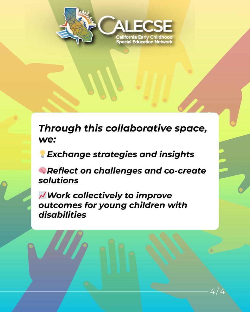 Cal_ECSE's tweet image. Our Communities of Practice meet virtually by region to bring together professionals passionate about inclusive early learning. These cohorts meet quarterly to collaborate, reflect &amp;amp; grow. Email info@calecse.org to join your region’s listserv; include the county you work in!