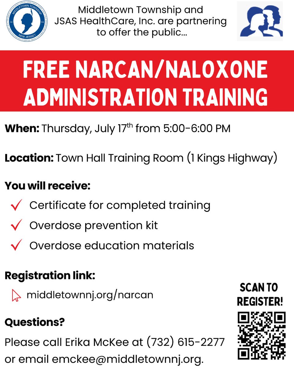 Join us on Thurs, July 17th, from 5-6 PM in the Town Hall Training Room (1 Kings Highway) for a free Narcan/Naloxone administration training.

Visit middletownnj.org/narcan for more.