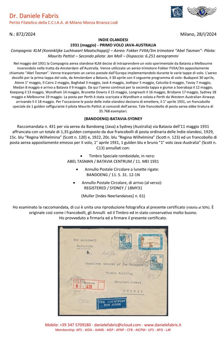Fabrisperizie's tweet photo. #FABRIS PERIZIE FILATELICHE 111 parte 1
https://t.co/sUV81GxUrG
#INDIE #OLANDESI 1931 (mag) Primo volo #JAVA #AUSTRALIA
#philately #filatelia #briefmarken #stamp #sello #timbre #philatelie #francobollo #danielefabris #expertize #certificato #perizia #perizie #poastaaerea https://t.co/7zG8Dkztwv
