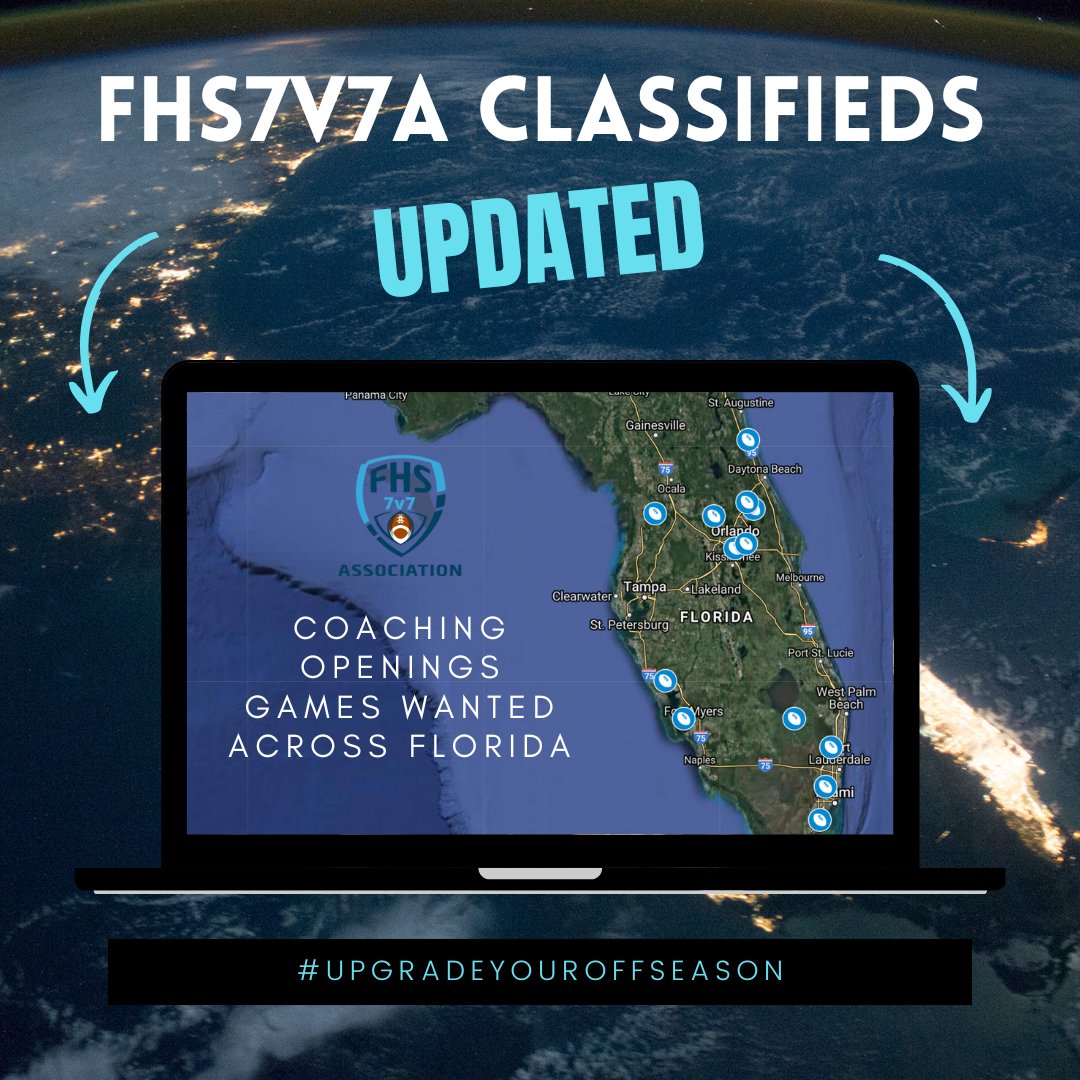 FHS7v7A's tweet image. The FHS7v7A Classifieds powered by @FLFundraiser
are UPDATED for 7/14/2025. Check out the latest openings across Florida at ow.ly/Clkb50VQGfi . Looking for coaches or need games, email info@fhs7v7a.com & we will post them. #UpGradeYourOFFSEASON