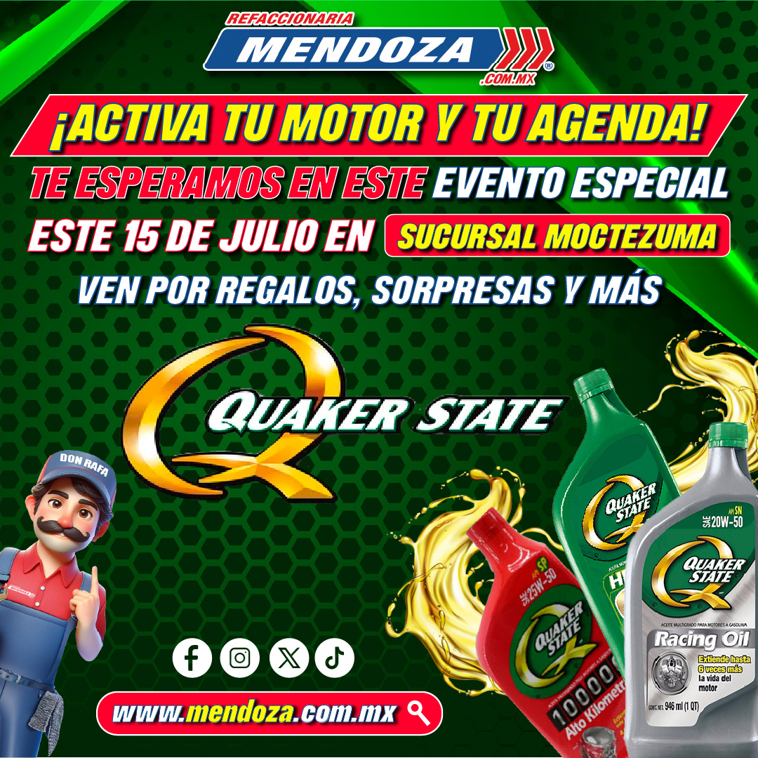 Refa_Mendoza's tweet image. 💥 ¡YA ESTÁ TODO LISTO!
Quaker State aterriza en Refaccionaria Mendoza Moctezuma con regalos, promos y mucho más. 🛢️ Aceites premium 🎁 Detalles para nuestros clientes 🎉 Sorpresas y regalos y más
Visita mendoza.com.mx 🏁🔧

#Refaccionariamendoza #QuakerState #eventos