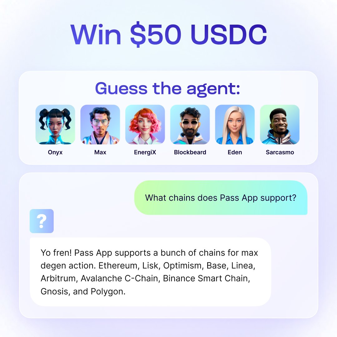 PassAppHQ's tweet photo. Guess the agent & win $100 USDC! 💸
Which Pass App agent answered this question?

To enter to win:
1️⃣ Follow @PassAppHQ
2️⃣ Like this post
3️⃣ Retweet
4️⃣ Comment with your guess.

✅ Guess correctly and you’ll be entered to win $100 USDC
🚫 Only 1 guess per account. Choose wisely!
⌛ Giveaway ends in 24 hours!