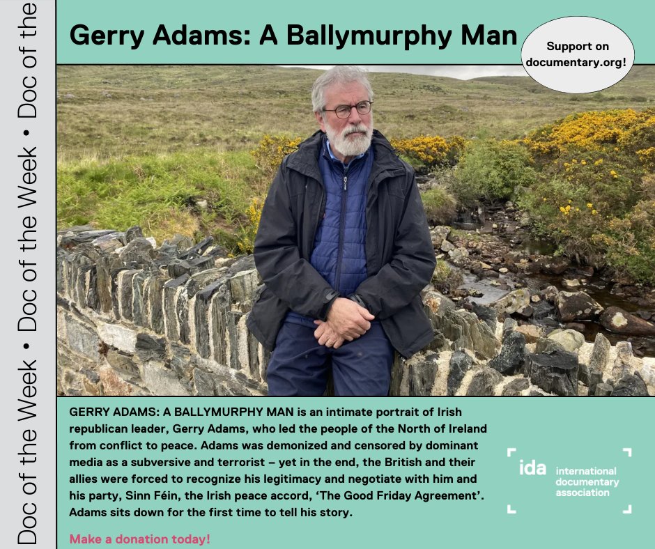 IDAorg's tweet image. This week's #DocOfTheWeek is 'Gerry Adams: A Ballymurphy Man' by Director/Producer Trisha Ziff, Producer Ross McDonnell, Cinematographers Seamus McGarvey and Jeronimo Goded, Editor Jorge Sanchez, and Executive Producer Bahman Naraghi.
Learn more about the project and show…