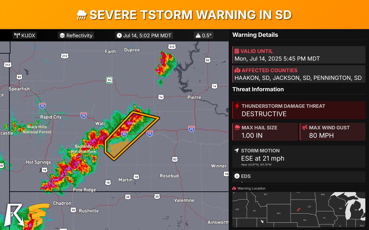 South Dakota Severe Thunderstorm Warning: DESTRUCTIVE storms with 80 mph winds &amp; 1-inch hail for Kadoka, Cactus Flat, Cedar Pass. Moving SE at 20 mph. Flying debris &amp; heavy mobile home damage likely. Extensive tree/power outages. GET TO AN INTERIOR ROOM ON LOWEST FLOOR NOW!
