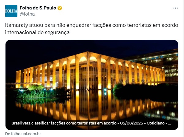 Retrato do Brasil: um cidadão taxado, calado e dominado pelo crime organizado — com o completo apoio do governo.

Vou convocar o chanceler para explicar por que o governo Lula continua protegendo o crime organizado!