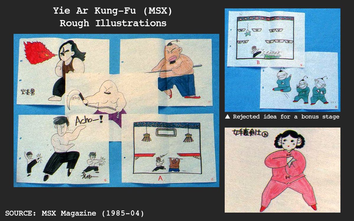 TheMSXChannel's tweet image. Rough illustrations made during the development of Yie Ar Kung-Fu for the MSX (1985, Konami):