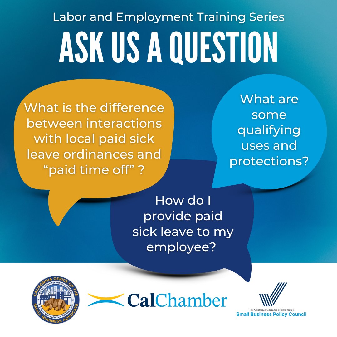 CaliforniaOSBA's tweet image. โGot questions about CA labor & employment laws?
From Paid Sick Leave to CalSavers, employee classifications & more, CalOSBA & @CalChamber want to hear from YOU.
๐ฌ Submit your Qs for our free webinar seriesโexperts may answer them live!
๐ ow.ly/91BF50WpBOH
#SmallBizCA