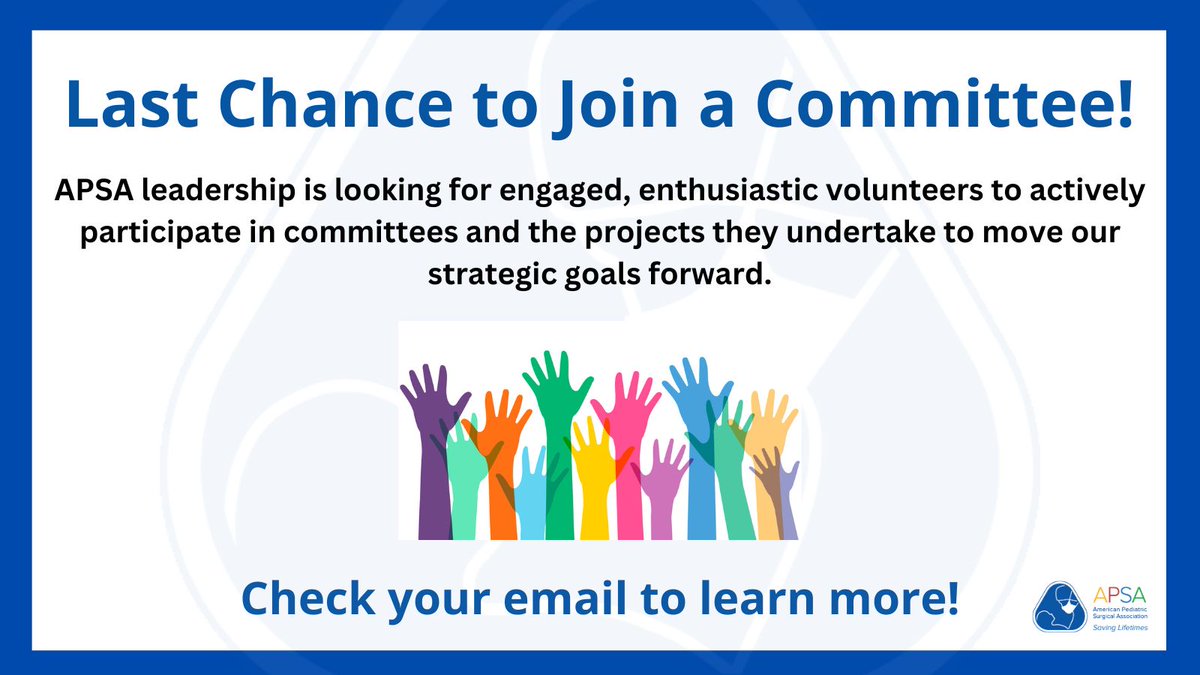 APSASurgeons's tweet image. APSA Members! Time is running out to apply for committee service. The deadline for applications is today. All members are welcome to apply. Check your inbox to learn more.