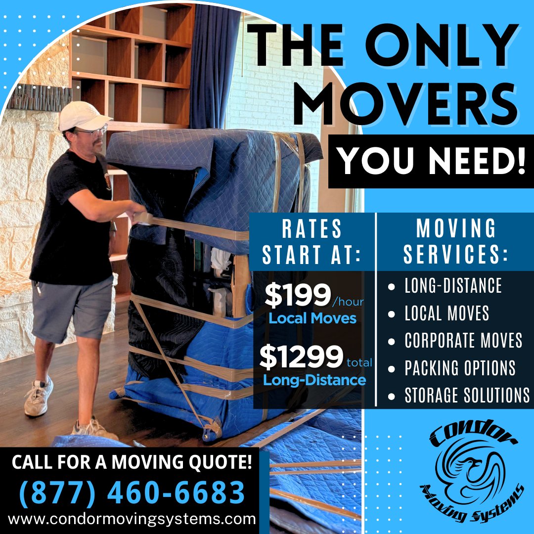 CondorMovingSys's tweet image. From local moves to long-distance relocations, Condor Moving Systems is the only team you need. 💪
We handle everything—from packing and storage to corporate moves.

📦Call (877) 460-6683 for a free moving quote today! condormovingsystems.com/get-a-quote/