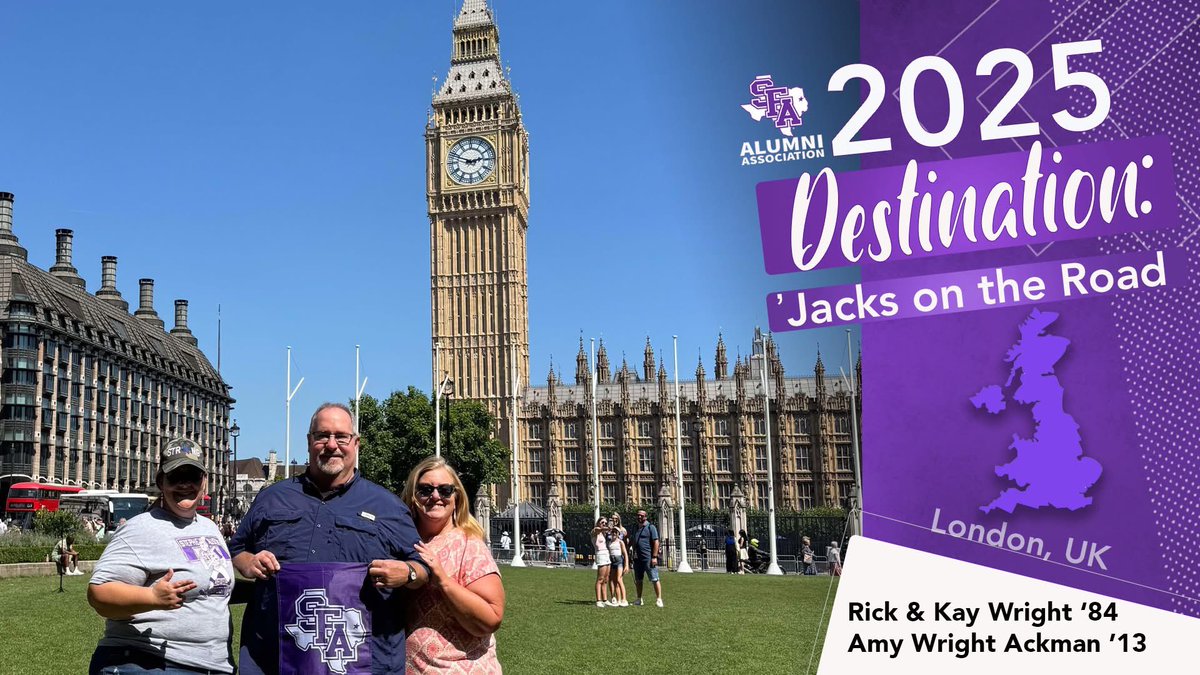 Rick and Kay Wright '84 and Amy Wright Ackman '13 recently visited the iconic Big Ben in London!

Looking good with the SFA Flag! Thanks for sending.

#AxeEm