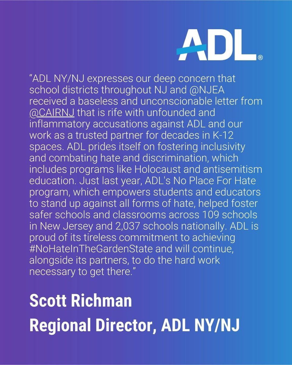 ADL New York / New Jersey (@adl_nynj) on Twitter photo Read ADL NY/NJ's statement about a baseless and unconscionable letter sent to school districts by <a href="/CAIRNJ/">CAIR New Jersey</a>. adl.org/resources/back… Read ADL NY/NJ's statement about a baseless and unconscionable letter sent to school districts by <a href="/CAIRNJ/">CAIR New Jersey</a>. adl.org/resources/back…
