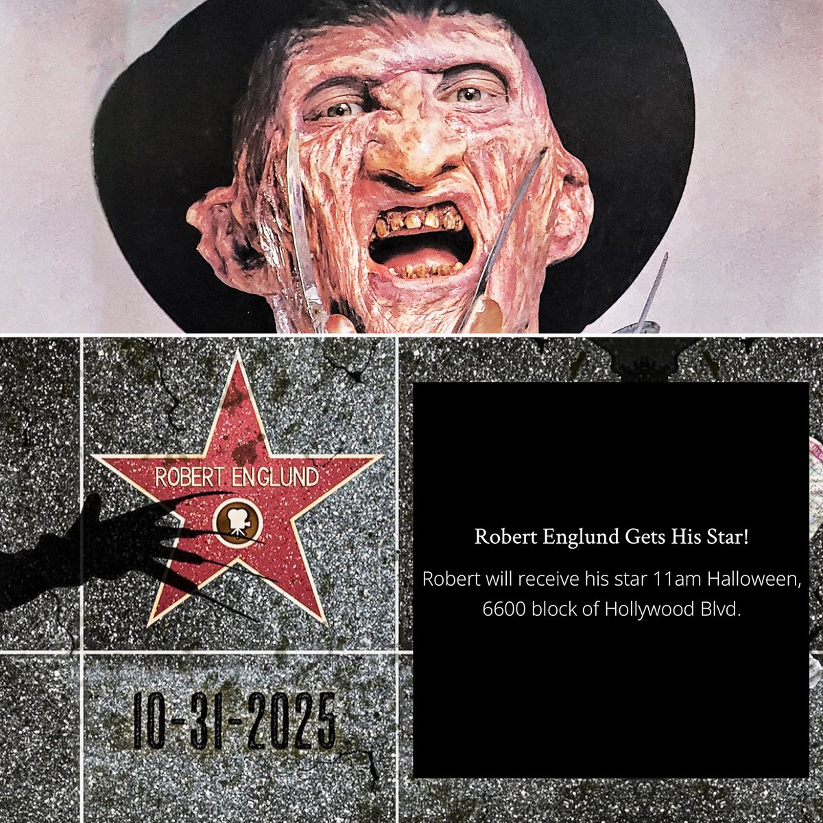 horrorads's tweet image. Robert Englund announces he'll be getting his Hollywood Walk of Fame Star this Halloween.