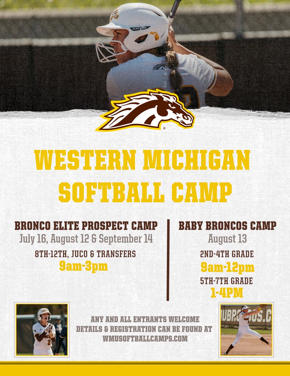 WMUSoftball's tweet image. Check out our link in bio to register!🐎 #BroncosReign