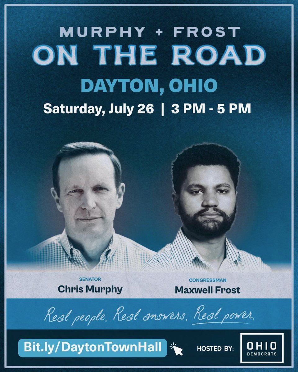 ChrisMurphyCT's tweet image. Hey @MaxwellFrostFL and I are headed out on the road again. This time to Dayton, Ohio.
If Republicans refuse to hold public meetings to explain why they voted to throw 17 million people off their health care to give tax cuts to the rich, we will.