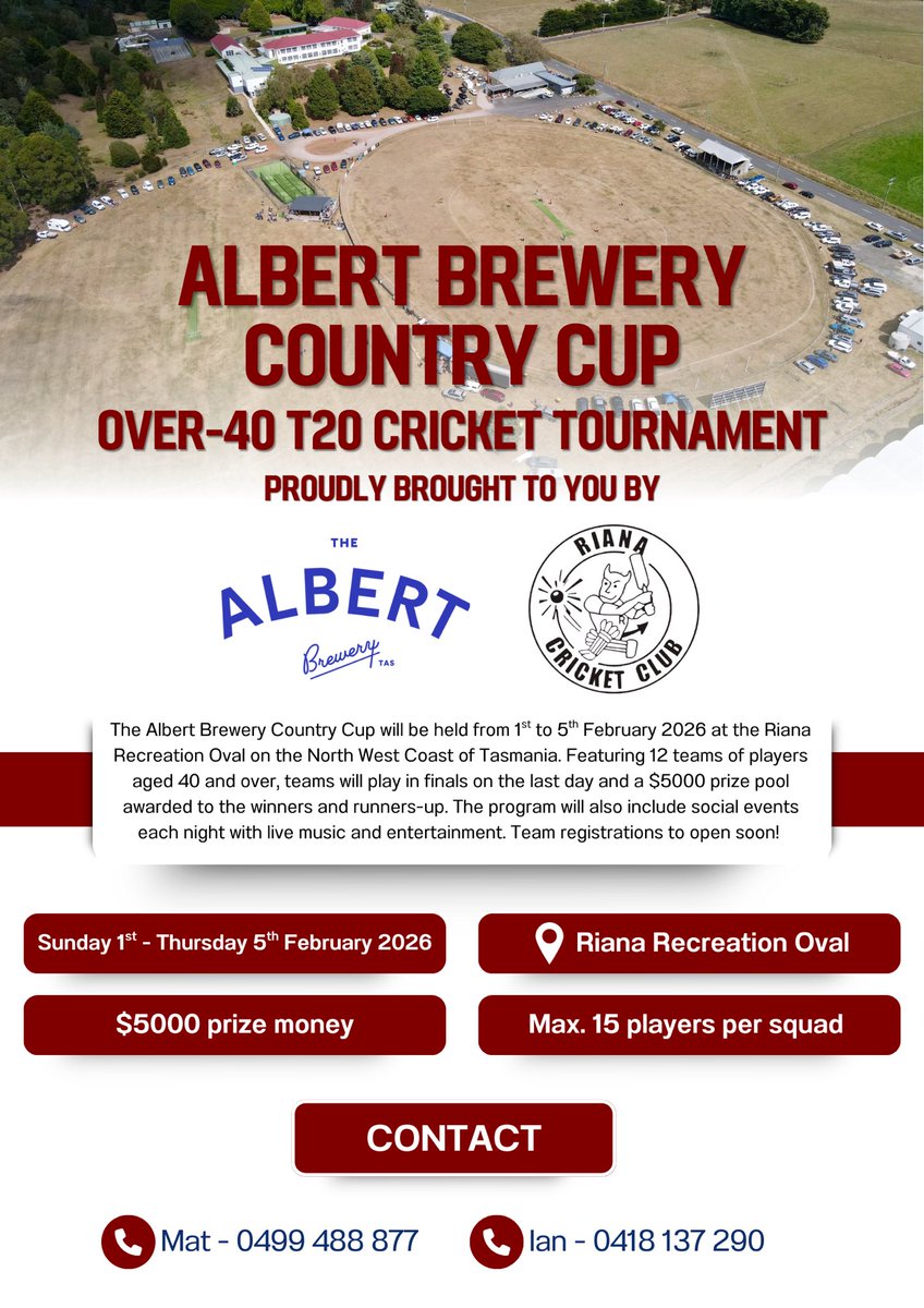 RCCMaroons's tweet photo. The Albert Brewery Country Cup hits Riana!

🗓️ Feb 1-5, 2026
📍 Riana CC, NW Tasmania
💰 $5K prize pool
🎶 Live music &amp; guest speakers

Teams 40+ from all over Aus - get ready! https://t.co/zp014rOLLl