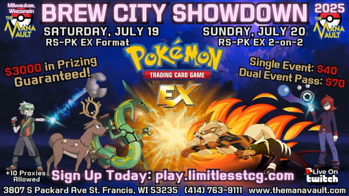This weekend is our first annual EX (ADV/PCG) tournament! It will be live streamed on twitch starting at 12:00pm CST. Player microphone will be on for the duration of the event. twitch.com/themanavaultmke