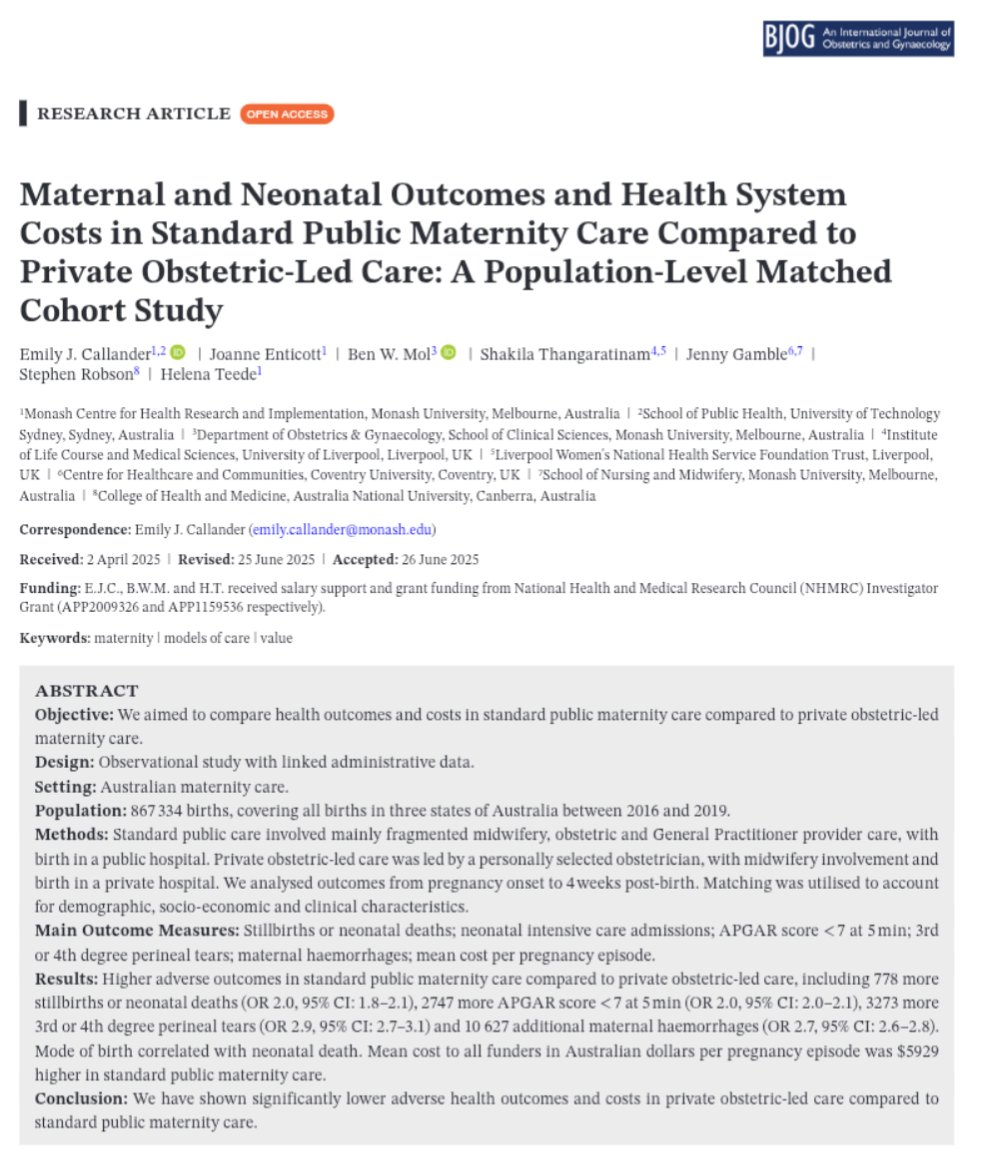 drkarathompson's tweet image. Biggest ever Australian birth outcomes data published overnight, comparing low risk women birthing in public versus private hospitals. Outcomes overwhelmingly safer for both mum and baby under obstetric led private care. Care also cheaper to provide.
obgyn.onlinelibrary.wiley.com/doi/epdf/10.11…