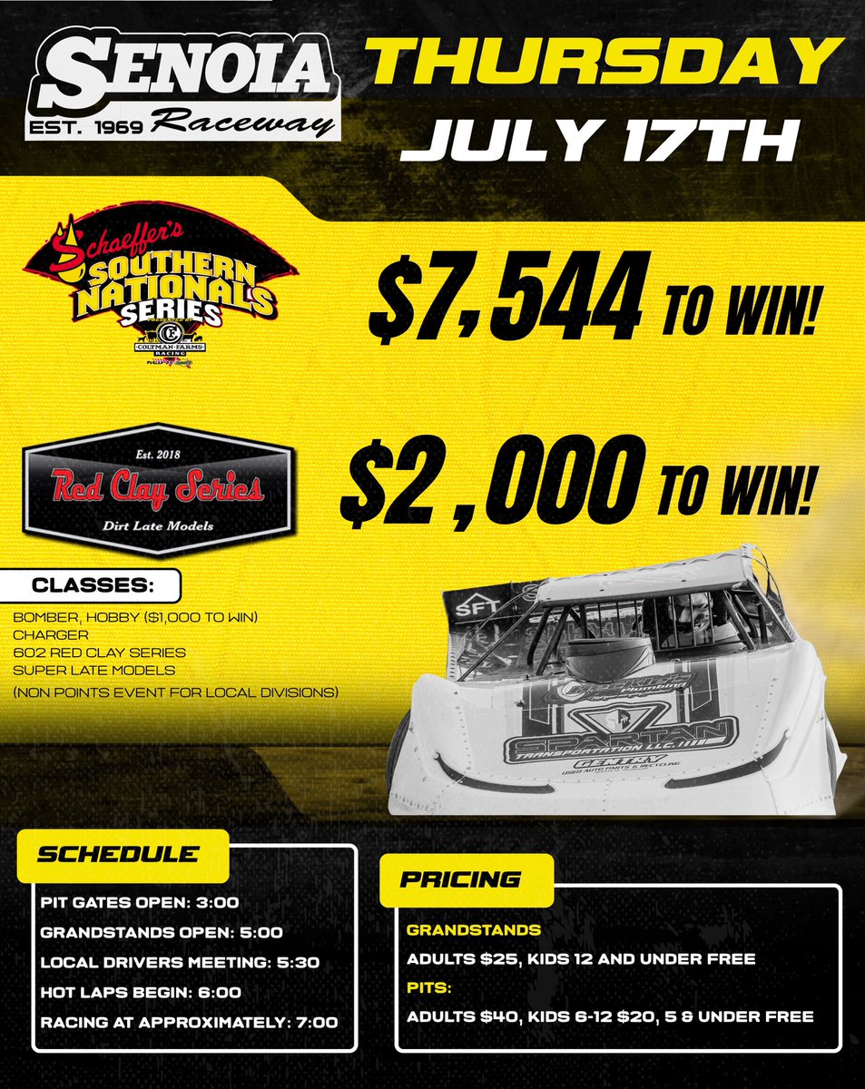SenoiaR's tweet image. This Thursday, July 17: The summer heat rolls into Senoia Raceway with the Schaeffer’s Oil Summer Nationals Super Late Models $7,544-to-Win!
💰 $2,000-to-Win 602 Red Clay Series
💰 $1,000-to-Win Hobby
Plus action from: Bombers, Chargers, Supers