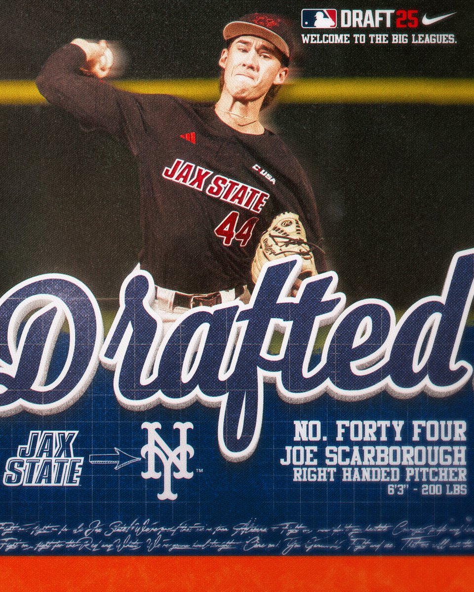 JaxStateBB's tweet image. Jacksonville ➡️ Big Apple! Joe Scarborough becomes the second Gamecock pitcher taken in the 2025 @MLBDraft! Selected by the @Mets in the 19th round!