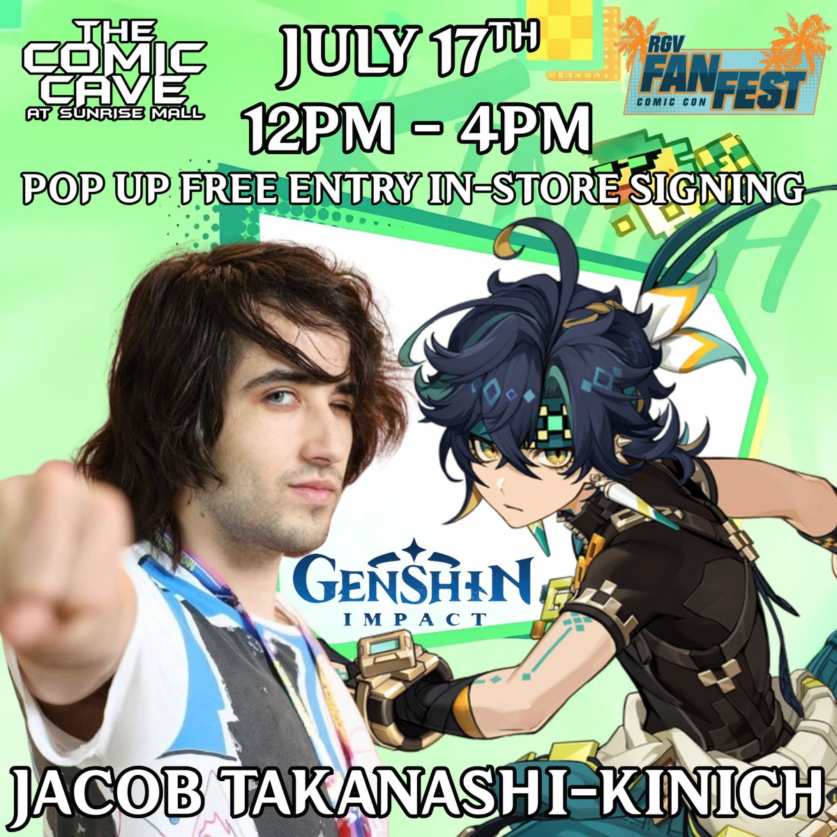 TheComicCave's tweet image. Boom! Pop Up In-Store Signing!
Thursday July 17 from noon to 4pm.
Come meet Jacob Takanashi-Kinich for free.
He&apos;ll be charging for autos on 8x10s &amp;amp; any merch.
Roles: Kinich in Genshin Impact, Richt in Final Fantasy Brave Exvius, and Pacciani in Captain Tsubasa, among many others.