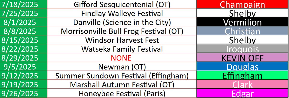 KevinLighty's tweet image. A glance at the upcoming Kevin's weather on the road schedule. Lots of festivals coming up that we will be attending. (OT) stands for the "Our Towns" we are also doing at the events.