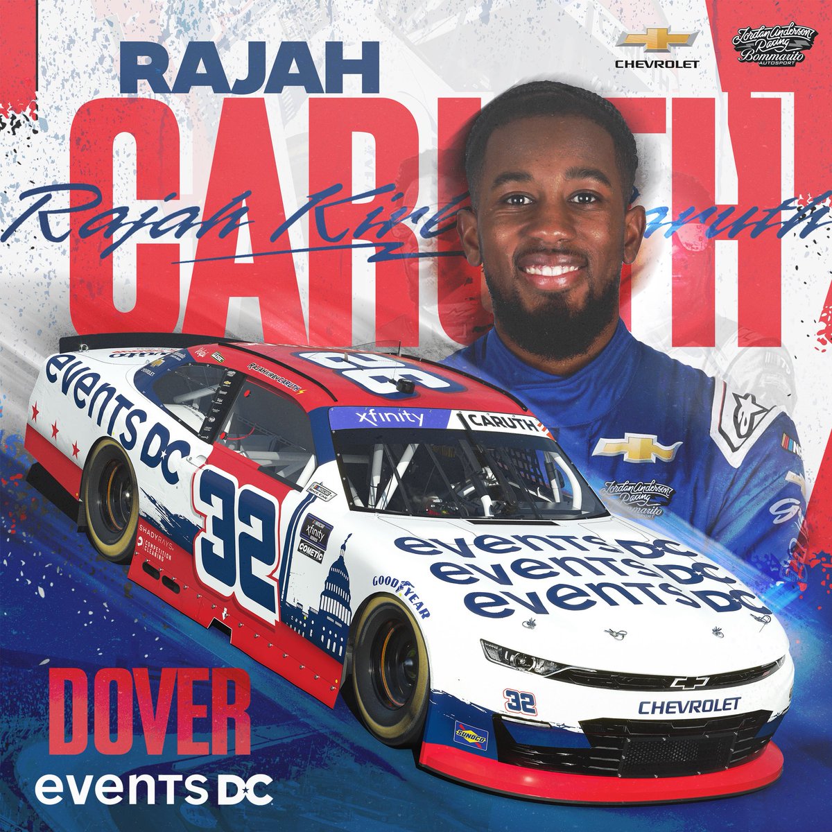 Rajah Kirby Caruth (@rajahcaruth_) on Twitter photo Excited to return to <a href="/NASCAR_Xfinity/">NASCAR Xfinity</a>! Grateful to represent the home team <a href="/TheEventsDC/">Events DC</a>, and thank you to <a href="/JARnascar/">Jordan Anderson Racing Bommarito Autosport</a> and <a href="/TeamChevy/">Chevrolet Motorsports</a> for the support. ⚡️ Excited to return to <a href="/NASCAR_Xfinity/">NASCAR Xfinity</a>! Grateful to represent the home team <a href="/TheEventsDC/">Events DC</a>, and thank you to <a href="/JARnascar/">Jordan Anderson Racing Bommarito Autosport</a> and <a href="/TeamChevy/">Chevrolet Motorsports</a> for the support. ⚡️