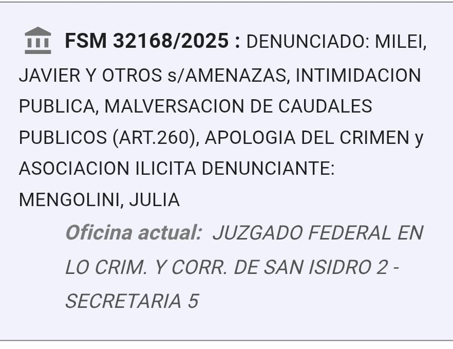 Quedó radicada la denuncia de <a href="/juliamengo/">Julia Mengolini</a> contra Milei y un grupo de dirigentes y militantes libertarios.

Además de amenazas e intimidación pública incluye el delito de “malversación de fondos públicos”, por el presunto uso de fondos del Estado para financiar al ejército troll.