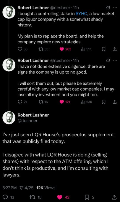Robert Leshner's tweet about acquiring a stake in $YHC