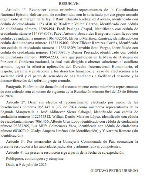 #PAZ El Gobierno Nacional decidió quitarles el reconocimiento como negociadores de paz a seis integrantes de la Segunda Marquetalia que lidera Iván Márquez. 

Dentro de ese listado está José Aldinever Sierra Sabogal, alias ‘El Zarco Aldinever’, hombre de confianza de Márquez y