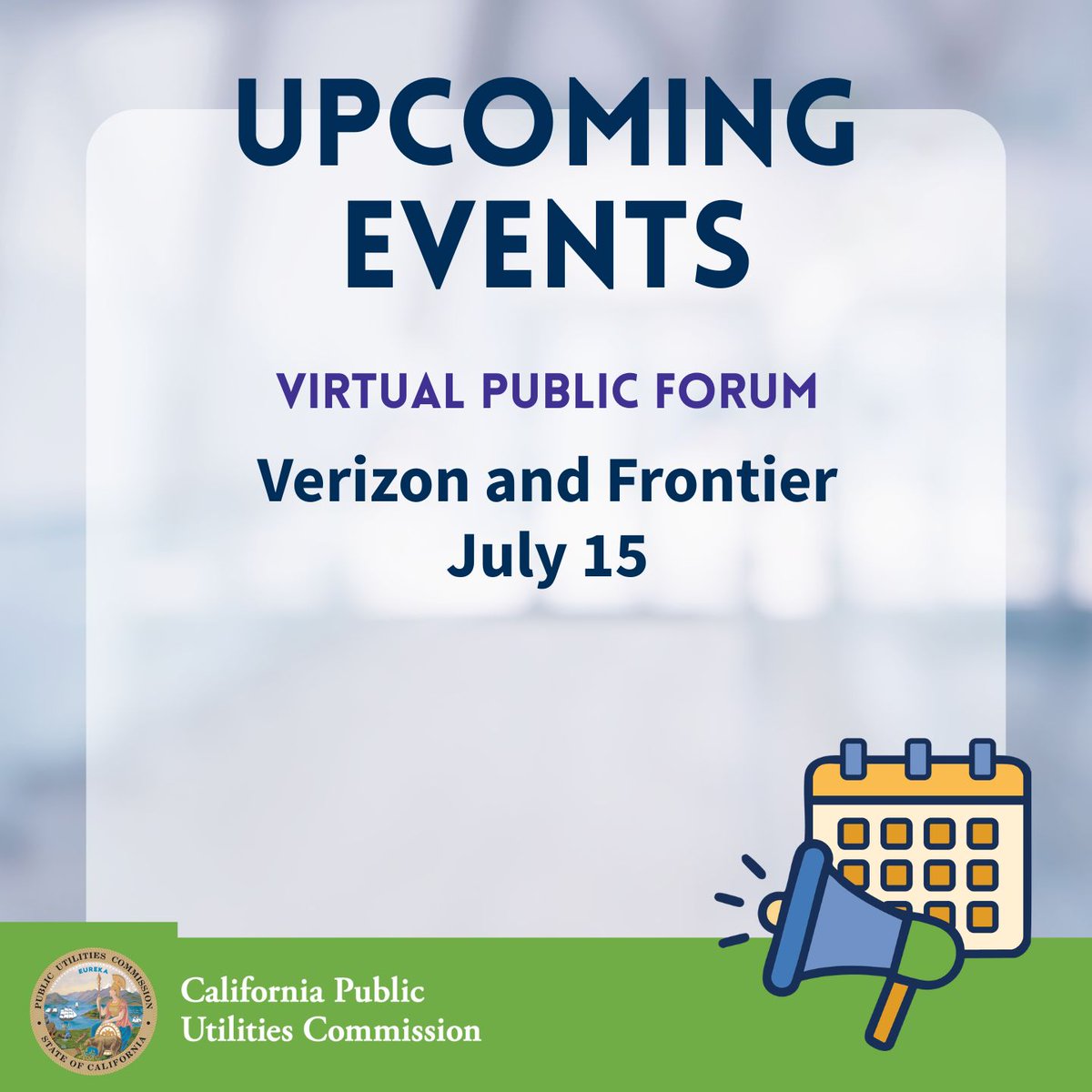Tomorrow's (7/15) CPUC Virtual Public Forum is our last on the proposed Verizon-Frontier acquisition. Join us at 2 p.m. or 6 p.m. Call 1-800-857-1917, code 6032788# to speak. cpuc.ca.gov/pph📞 #Broadband #Verizon #Frontier