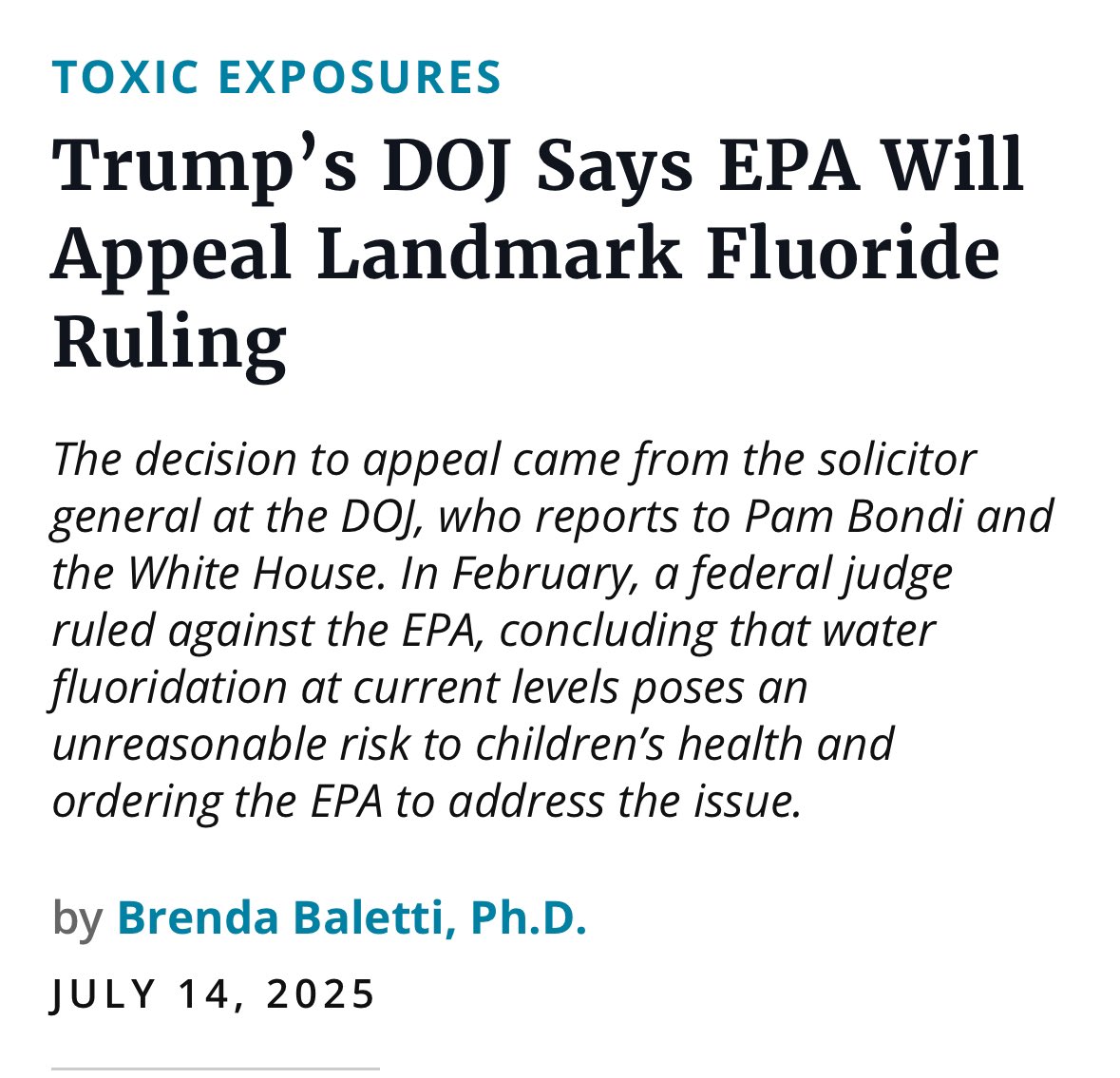 FluorideAction's tweet image. “The EPA said it will file the appeal on July 18, after which the case will go to a three-judge panel in the 9th Circuit U.S. Court of Appeals. The appeals court will receive briefs from both sides, along with any amicus briefs, and hear oral arguments before issuing its…
