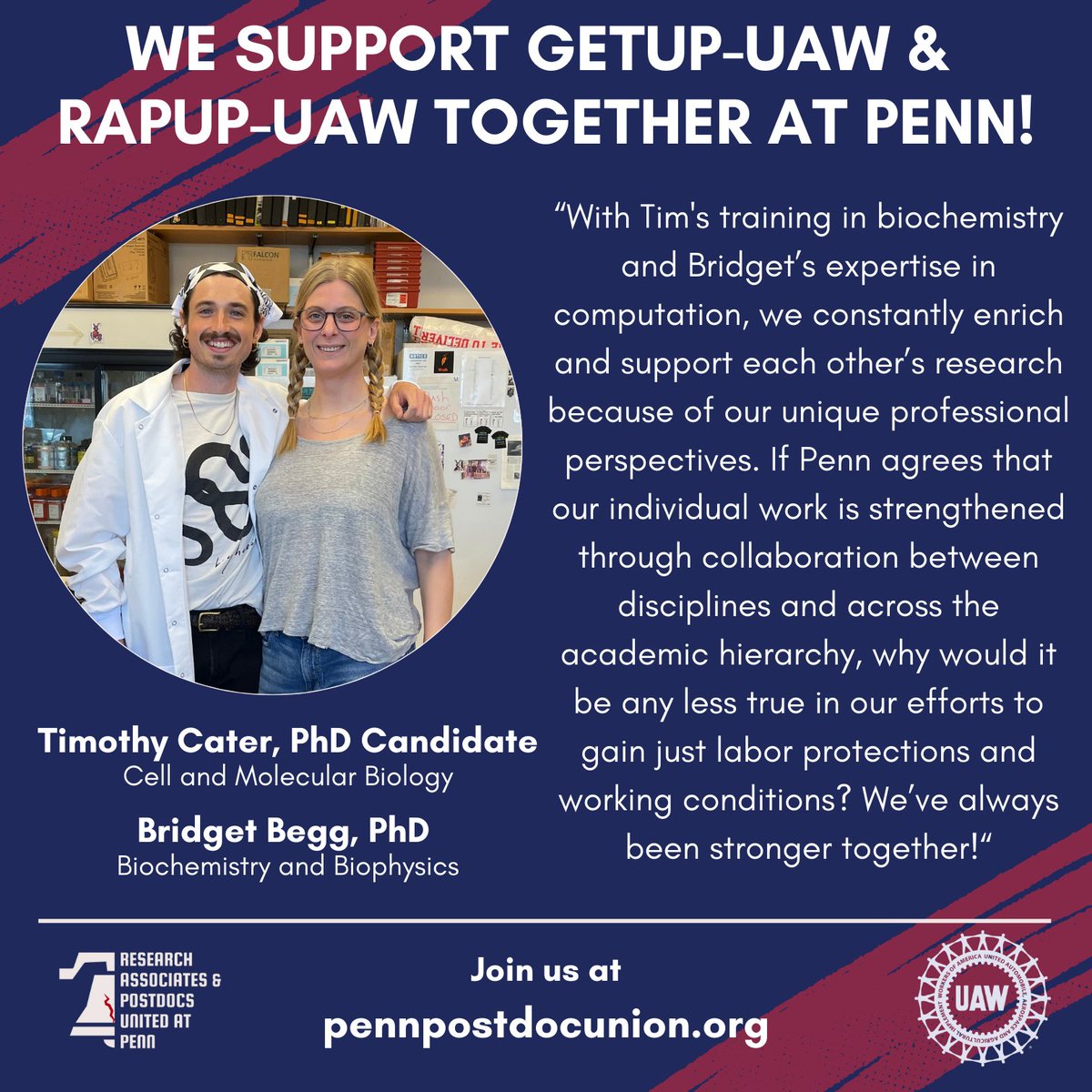 RAPUP_UAW's tweet image. Postdocs and grad students are stronger together! We're excited to unionize alongside our grad student colleagues at Penn!