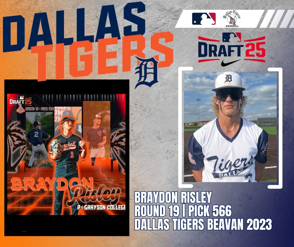 🐅⚾️ Tigers in the Draft ⚾️🐅
Round 1️⃣9️⃣, Pick 5️⃣6️⃣6️⃣

Congratulations to former Dallas Tiger Braydon Risley on being selected overall Pick 566 by the  <a href="/SFGiants/">SFGiants</a> in the 2025 MLB Draft! 
#TigerNation | <a href="/spokebats/">Spoke Bats</a>
#DTigersBeavan2023
#MLBDraft25