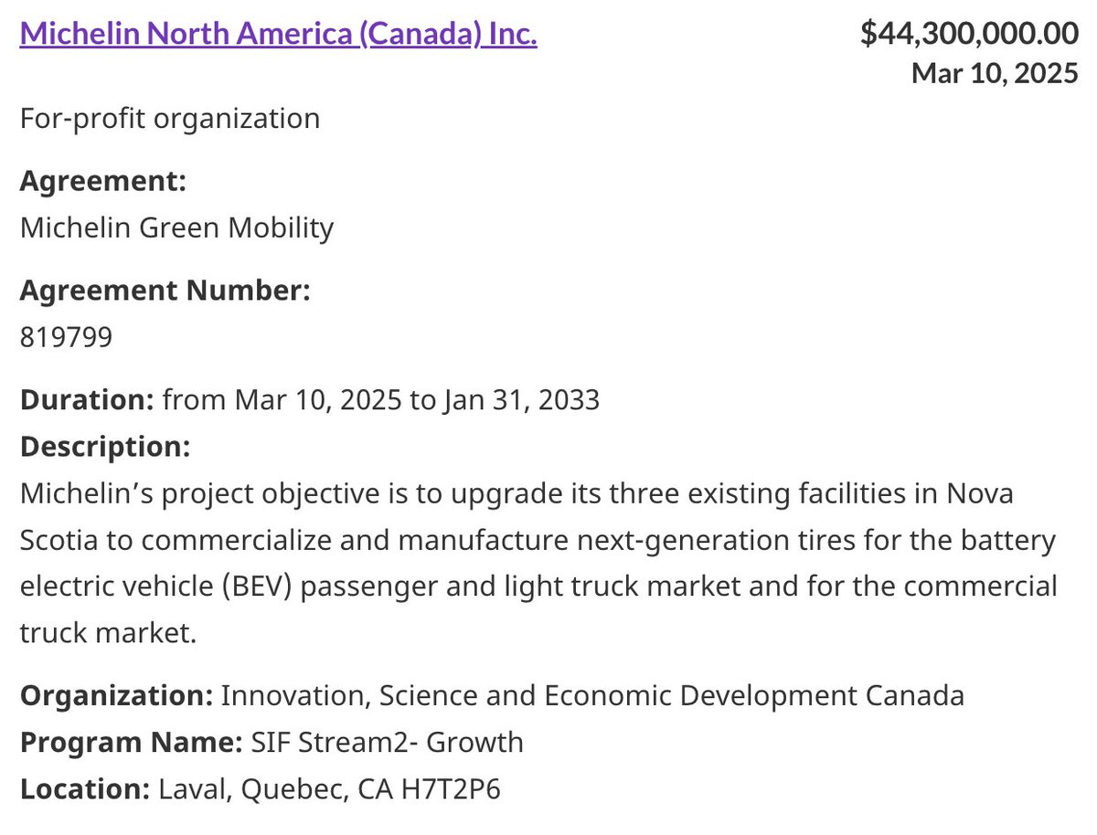 CanadianD0GE's tweet image. Michelin is building Sustainable Tires in Canada. This is a major step in innovation of tires for EVs.
For this initiative, Canadian government funded $44 Million of our tax dollars to Michelin located in Laval, Quebec.