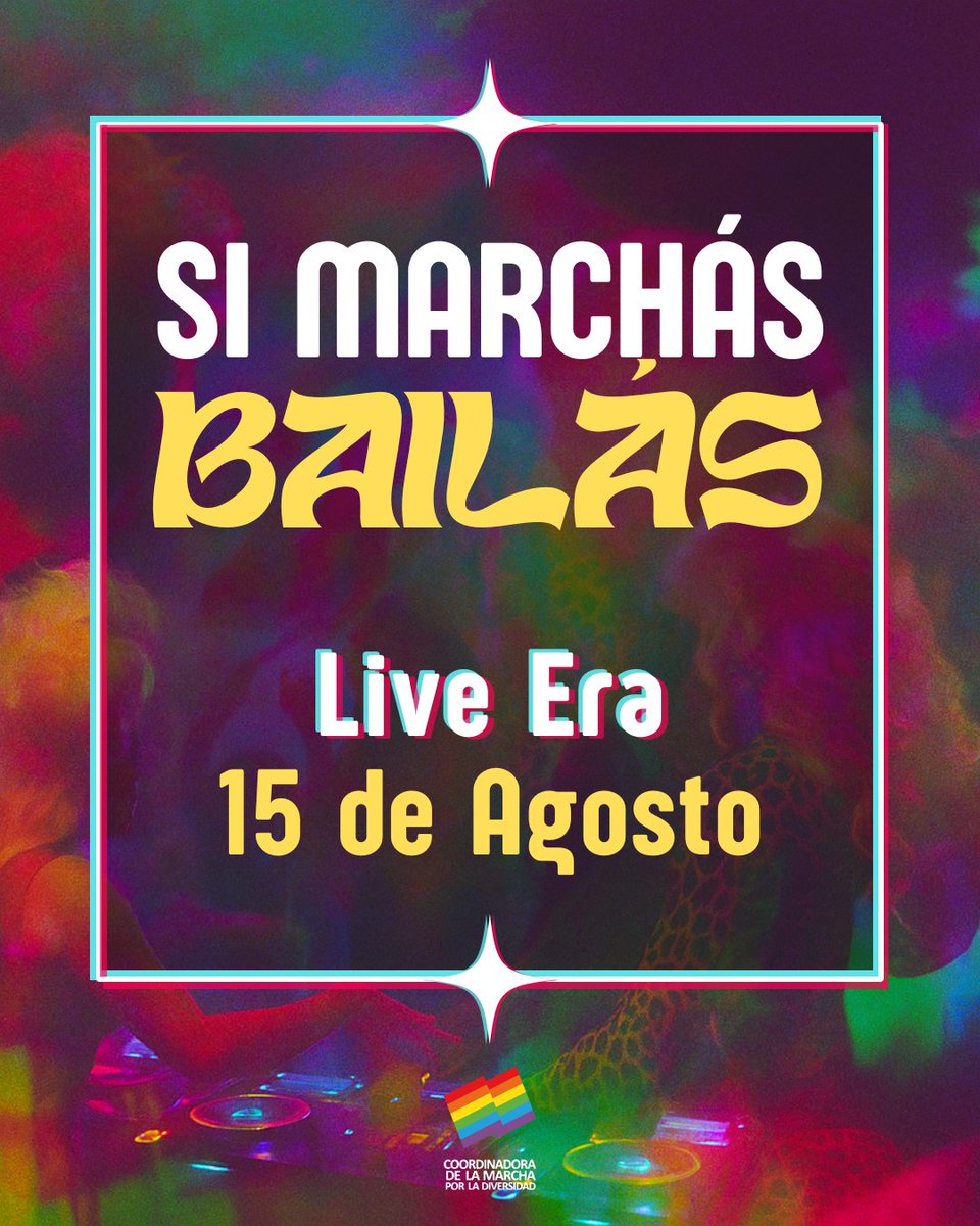 ✨ ¡Aprontá la cuerpa!
 🔥 Vuelve el bailazo para bancar la Marcha por la Diversidad
 📅 15/08
 📍 Live Era
 🎟️ Si marchás, bailás. Entradas en la bio.
 Lo recaudado va directo a la Marcha.
 Autogestión, orgullo y perreo 💃🏽🌈
#MarchaPorLaDiversidad #SiMarchásBailás