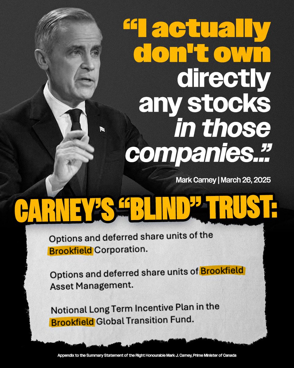 AndrewScheer's tweet image. Ethics Commissioner reveals Carney’s policies align closely with his personal investments.
HUNDREDS of conflicts now revealed.
Obviously he CANNOT be impartial.
Canadians can't trust policies that boost the PM's payouts.
Have YOUR say at Conservative.ca/cant-trust-car…
#cdnpoli