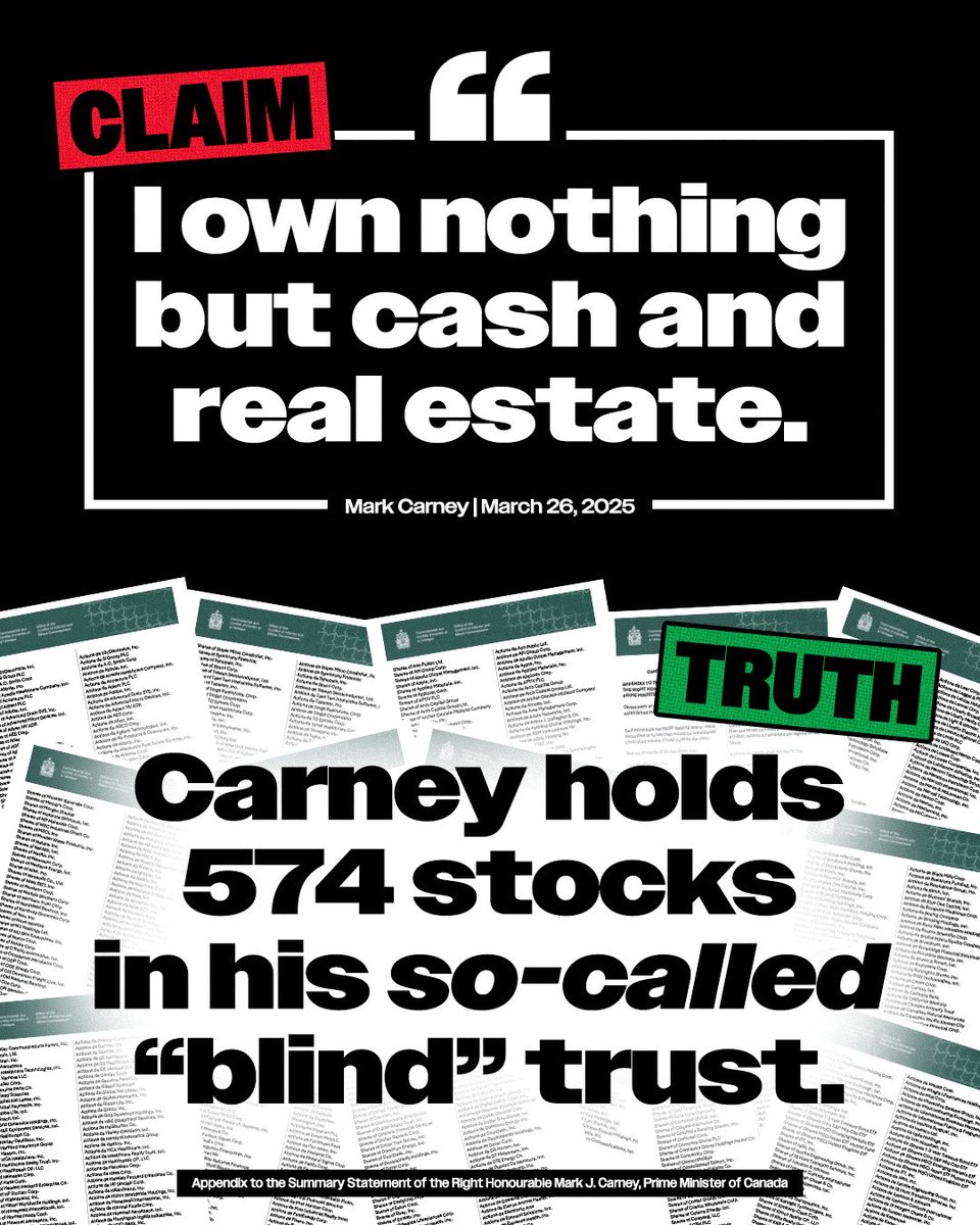 AndrewScheer's tweet image. Ethics Commissioner reveals Carney’s policies align closely with his personal investments.
HUNDREDS of conflicts now revealed.
Obviously he CANNOT be impartial.
Canadians can't trust policies that boost the PM's payouts.
Have YOUR say at Conservative.ca/cant-trust-car…
#cdnpoli