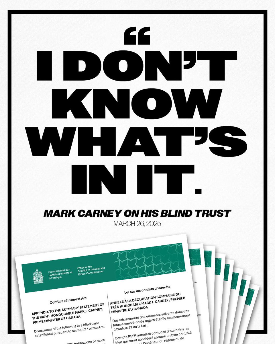 AndrewScheer's tweet image. Ethics Commissioner reveals Carney’s policies align closely with his personal investments.
HUNDREDS of conflicts now revealed.
Obviously he CANNOT be impartial.
Canadians can't trust policies that boost the PM's payouts.
Have YOUR say at Conservative.ca/cant-trust-car…
#cdnpoli