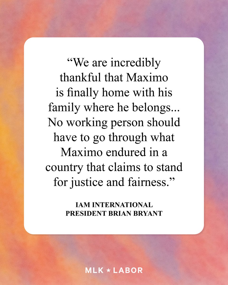 MLKLabor's tweet image. After two months of wrongful detention, @IAM_Union member Max Londonio has been released and will sleep at home tonight with his family.
We celebrate this incredible news, but we will continue fighting to protect immigrant workers under attack by the federal government.