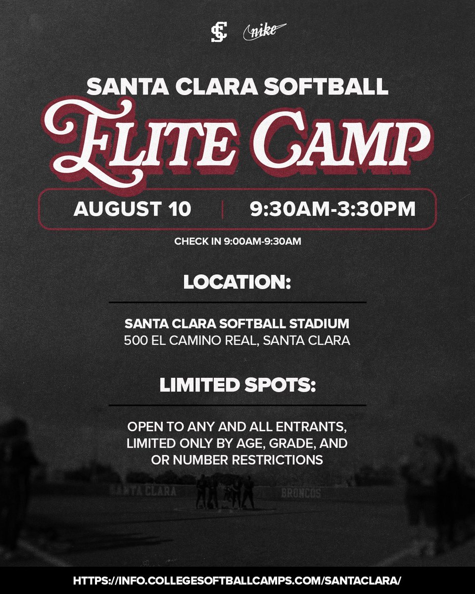 SCUSoftball's tweet image. Bronco Softball Elite Camps!

Register today for one of our THREE upcoming camp dates - Aug. 10, Aug. 24 &amp;amp; Sept. 28. 

Click on the link to register ➡️ info.collegesoftballcamps.com/santaclara/

#StampedeTogether