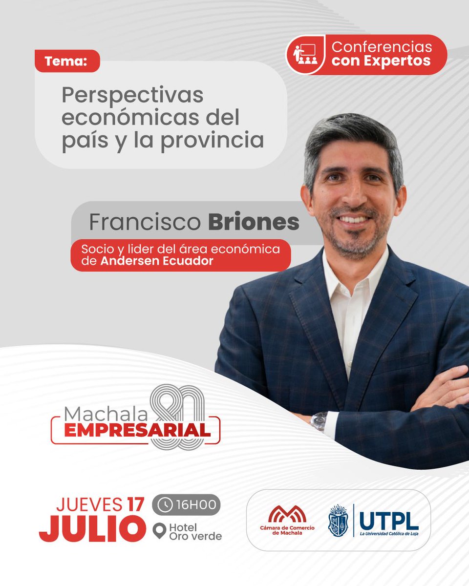Andersen_EC's tweet image. 📢Estaremos en #MachalaEmpresarial, organizado por la @CamCMachala , en el que nuestro socio @FcoBrionesR participará con la conferencia magistral “Perspectivas económicas de Ecuador y la provincia de El Oro”
📆16 al 18 julio
📍Hotel Oro Verde de Machala
#TeamAndersen