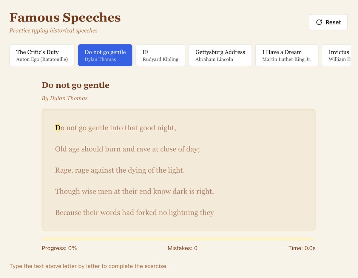 ben_m_somers's tweet image. I built a game that helps kids learn to type
BUT, instead of typing random passages, they copy famous quotes from books, speeches & poems
Good for the fingers, good for the soul. What should I add to it next?