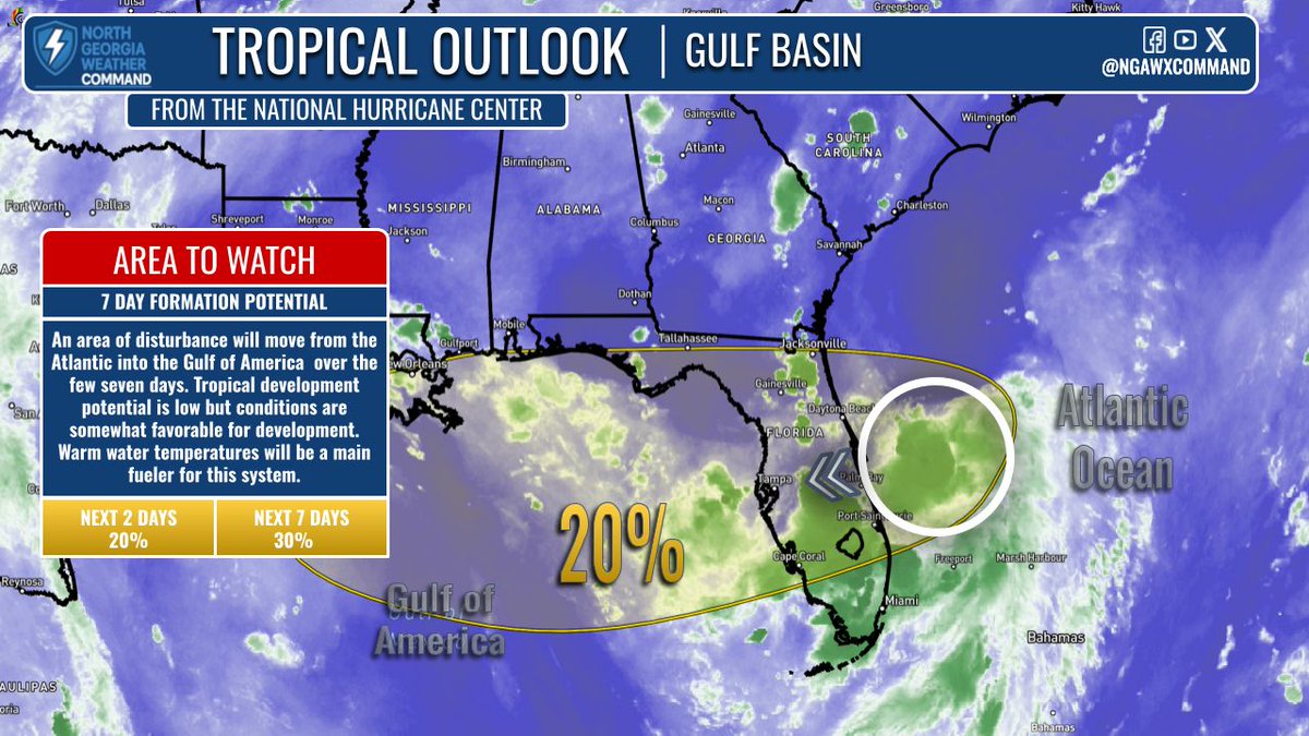 NGAWXCommand's tweet image. TROPICAL CHECK:
A check on the tropics with a system to watch in the Atlantic that is expected to move into the Gulf. My thoughts so far here: facebook.com/NorthGAWXComma… More info for #Georgia later in the week #HurricaneSeason2025 #gawx