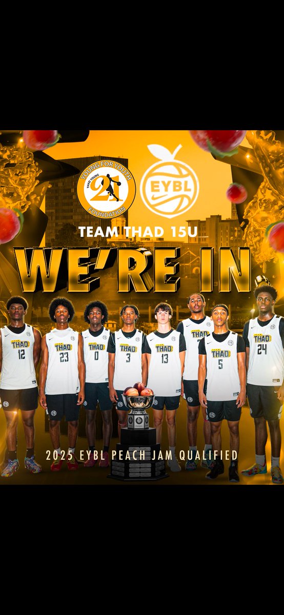 Team Thad Nation (@teamthadnation) on Twitter photo HISTORIC YEAR. ALL IN. 💛🖤🍑Team Thad 15U, 16U & 17U are ALL HEADED TO NIKE EYBL PEACH JAM 🔒 One of the only programs in the BEST league in the world to qualify at every age group. #TTN 💛 🖤 #EYBL #TheBrotherhood #RoadToPeachJam🍑🔥 HISTORIC YEAR. ALL IN. 💛🖤🍑Team Thad 15U, 16U & 17U are ALL HEADED TO NIKE EYBL PEACH JAM 🔒 One of the only programs in the BEST league in the world to qualify at every age group. #TTN 💛 🖤 #EYBL #TheBrotherhood #RoadToPeachJam🍑🔥
