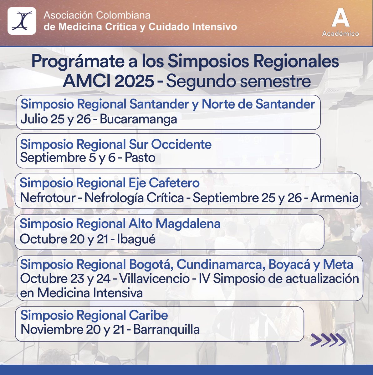 En el segundo semestre estaremos visitando las regiones del país en los simposios multidisciplinares. A nuestra #ComunidadAMCI le pedimos programarse, inscribirse y acompañarnos de eventos imperdibles #savethedate #amcisomostodos
amci.org.co/calendario/