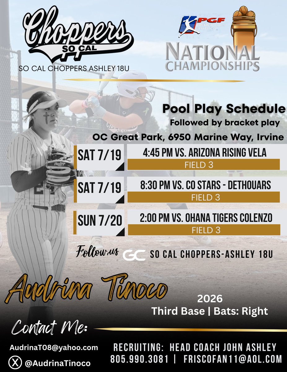 AudrinaTinoco's tweet image. Last tournament of the summer and I’m ready to leave it all on the field 🥎
@PGFnetwork in Cali with my Choppers🖤
@Choppers_Ashley @SBRRetweets @DfwSho @CoastRecruits @gatorjack72