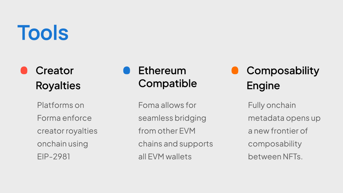 Formachain's tweet image. Since launch Forma has developed three core tooling approaches to assist and support creators and developers.
🟠 Composability Engine - Fully onchain metadata opens up a new frontier of creative and permissionless composability between NFTs
🔵Ethereum Compatible - Forma allows…